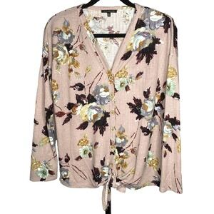 Staccato Women's Waffle Button Down Tie-Front pink floral size medium whimsigoth